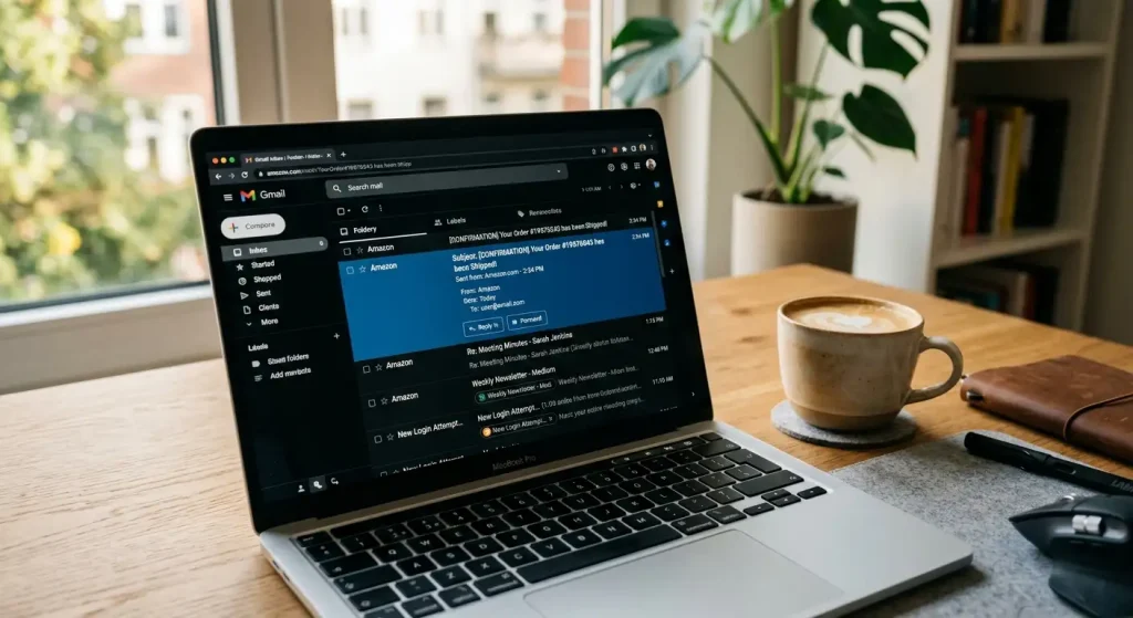 Laptop inbox showing a highlighted casino account confirmation email beside coffee