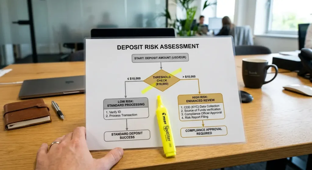 Printed flowchart branching a deposit threshold check into standard and enhanced review paths