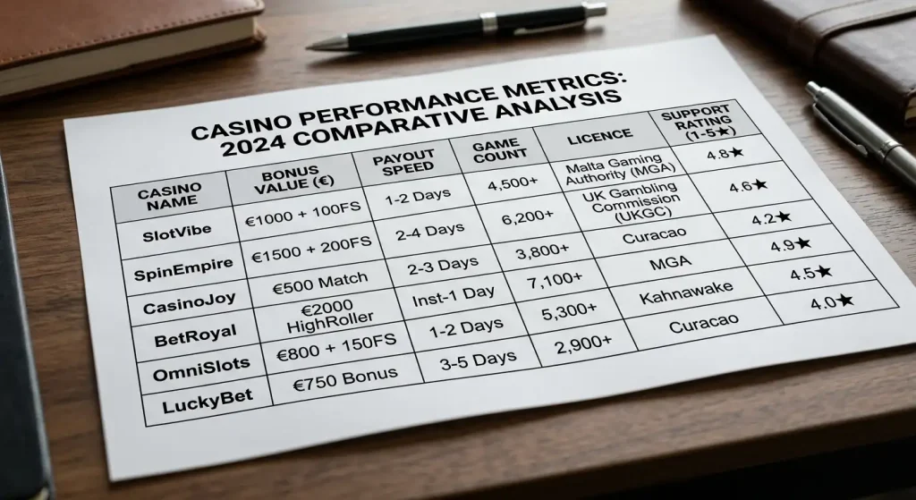 Comparison table ranking casino metrics like bonus value, payout speed and support