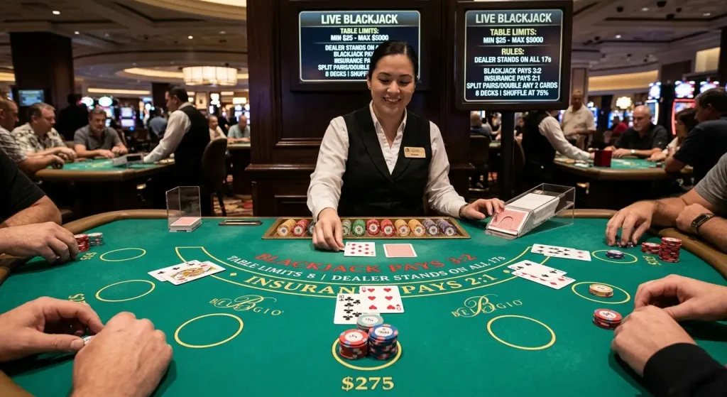 Live blackjack table display showing house rules and betting limits