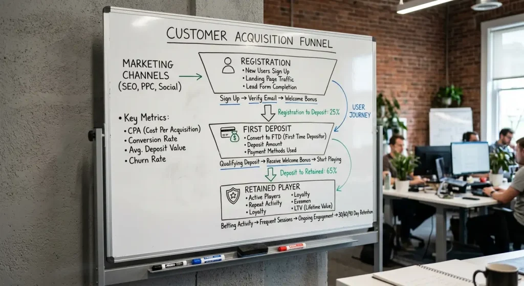 Diagram illustrating casino bonus as customer acquisition cost with conversion funnel