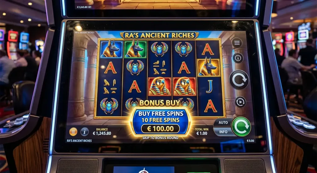 Slot game bonus buy button priced to skip directly into the bonus round
