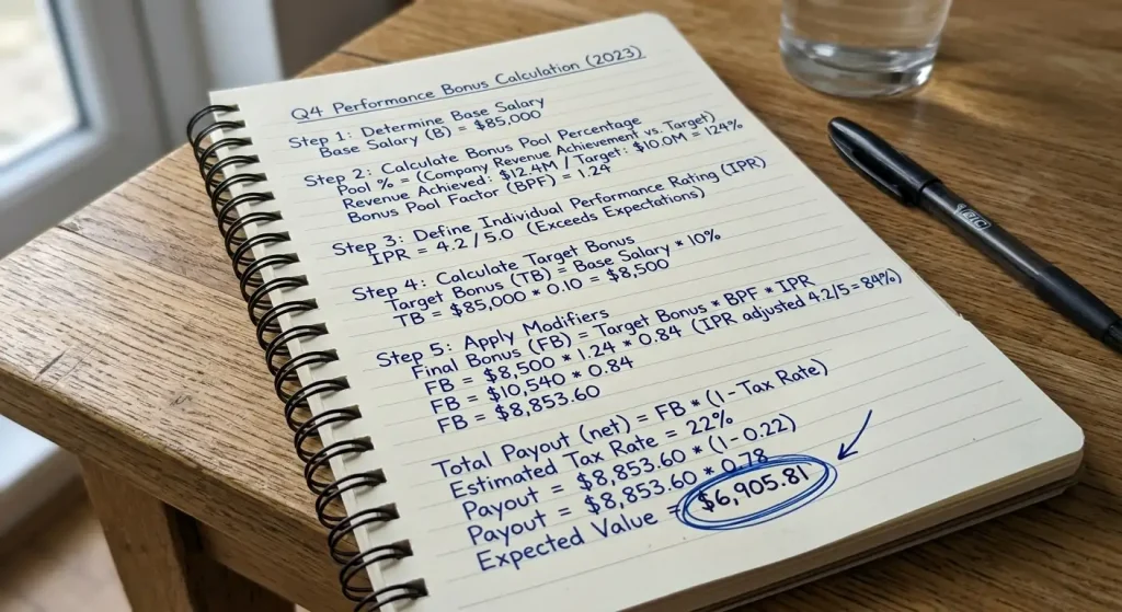 Step-by-step bonus calculation written on notebook showing expected value formula