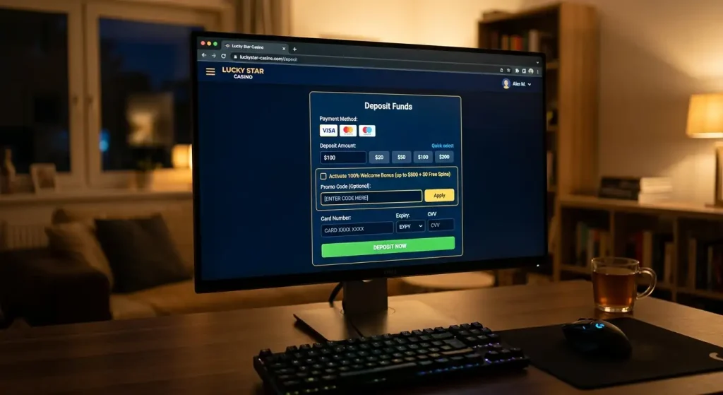 Casino deposit screen with bonus activation checkbox and promo code field