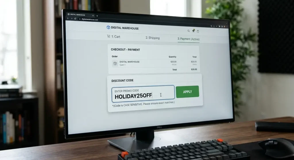 Code entry field showing an uppercase promotional code beside a case-sensitivity reminder note