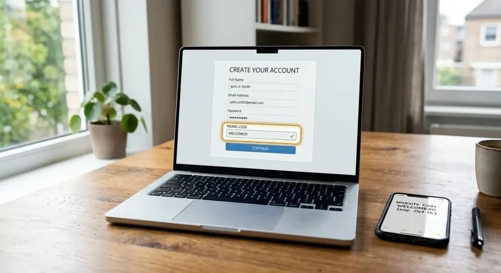 Laptop registration form with a highlighted promo code field beside phone notes
