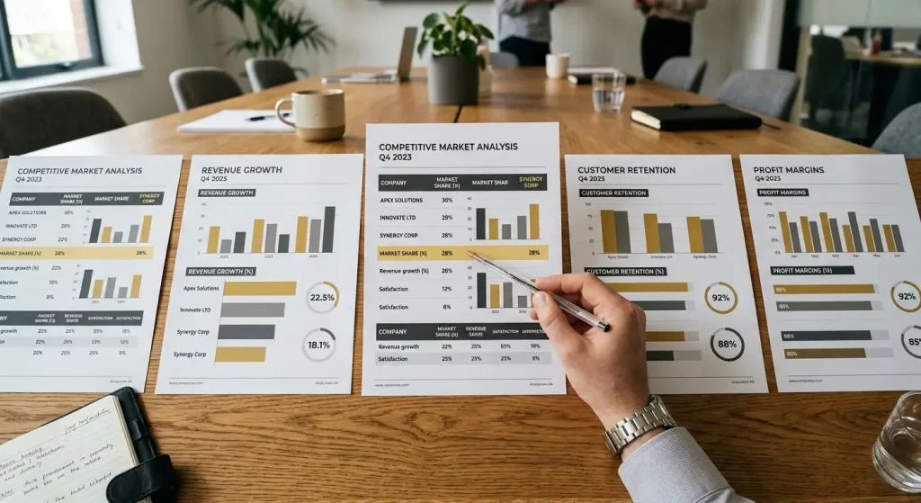Printed comparison sheets with bar charts as a hand points at market metrics