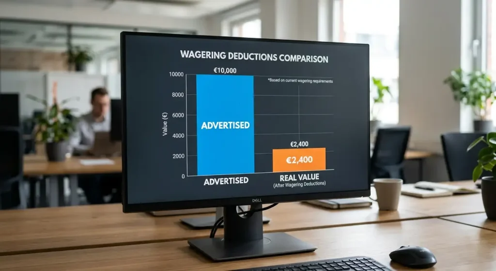 Bar graph comparing advertised bonus against real value after wagering deductions