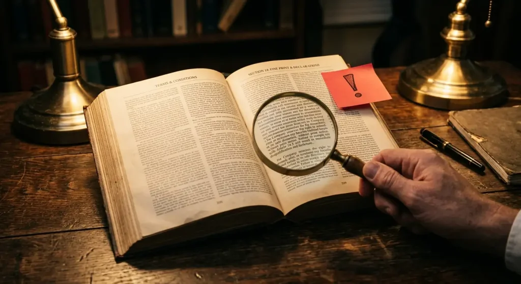 Magnifying glass over small-print terms beside a red handwritten exclamation warning note