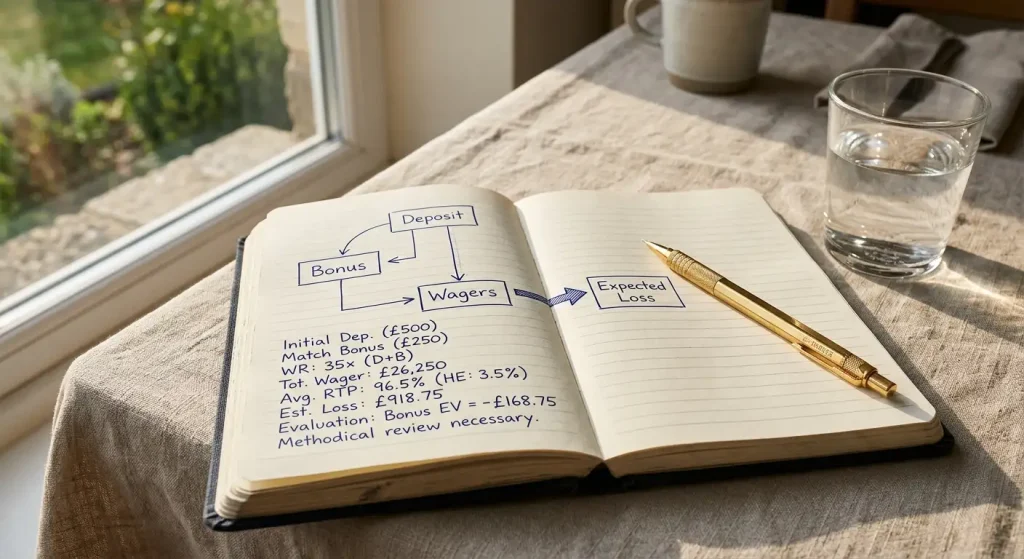 Handwritten diagram linking deposit, bonus, wagers and expected loss in blue ink