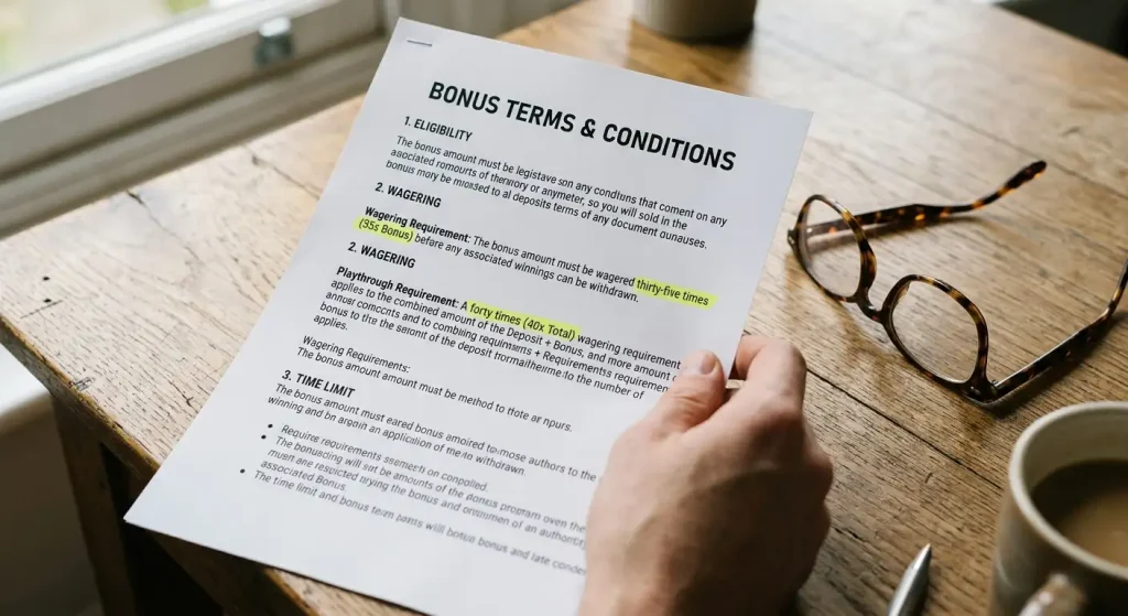Close-up of bonus terms and conditions document highlighting wagering multiplier