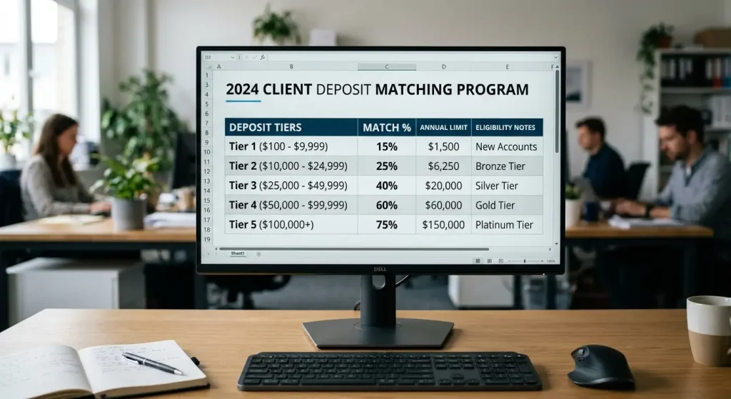 Chart breaking down three deposit tiers with matching bonus percentages