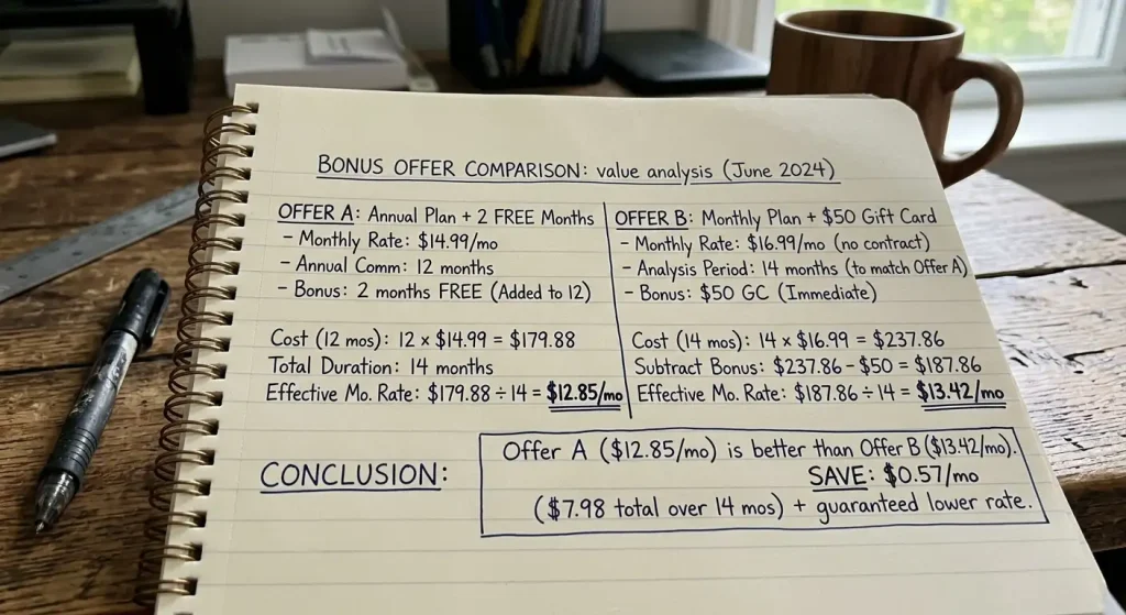 Notebook comparing two bonus offers with handwritten calculations revealing their real cashable value