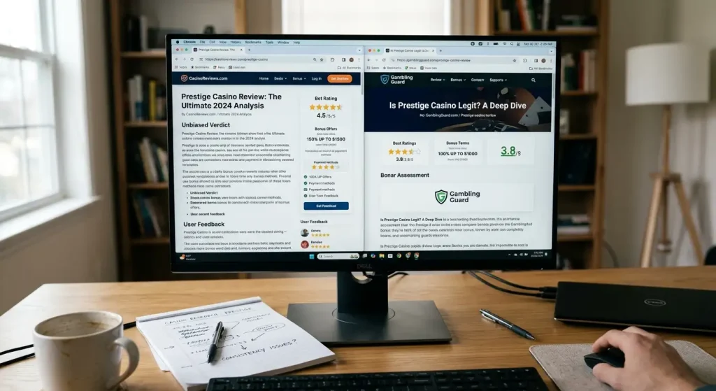 Split screen showing two different casino review pages with similar brand names