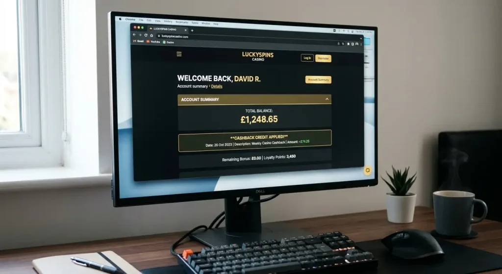 Casino account balance screen showing cashback credit applied to player account