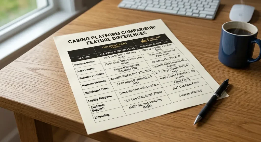 Side-by-side feature comparison table highlighting differences between two casino platforms