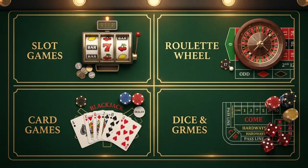 Casino table mapped into labelled zones for slots, roulette, cards and dice categories