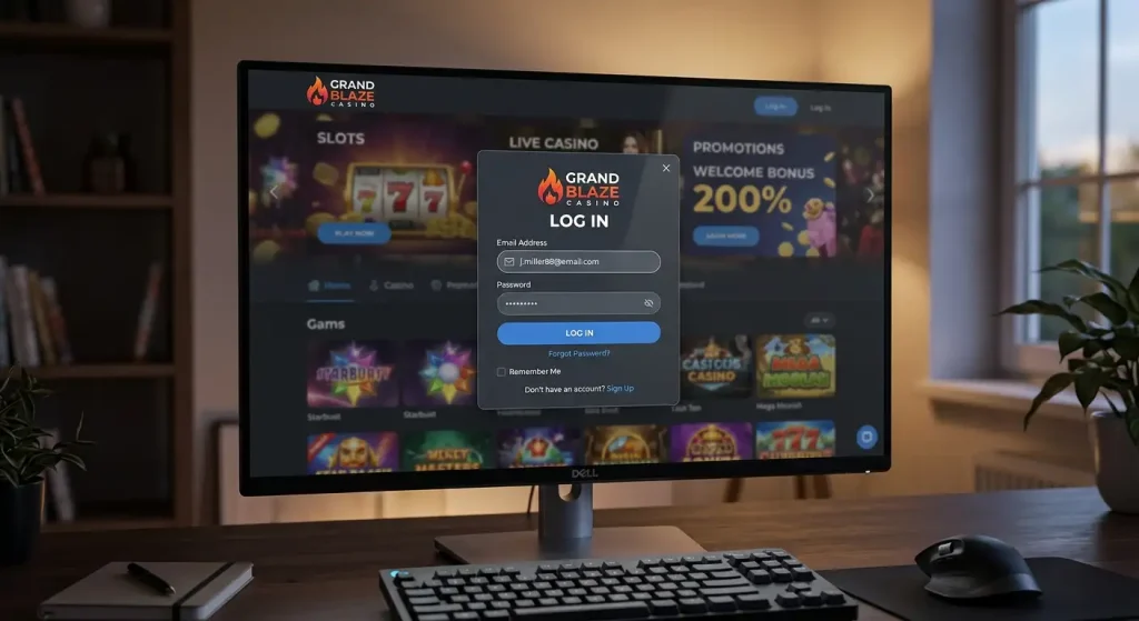 Desktop browser displaying casino login modal overlay with email and password fields