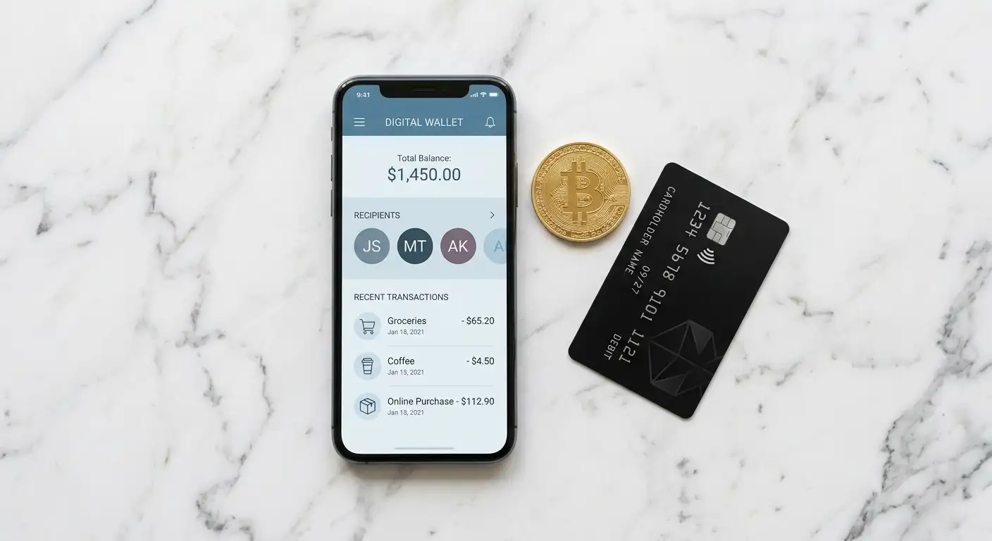 Smartphone digital wallet, gold crypto coin and contactless card on a marble surface