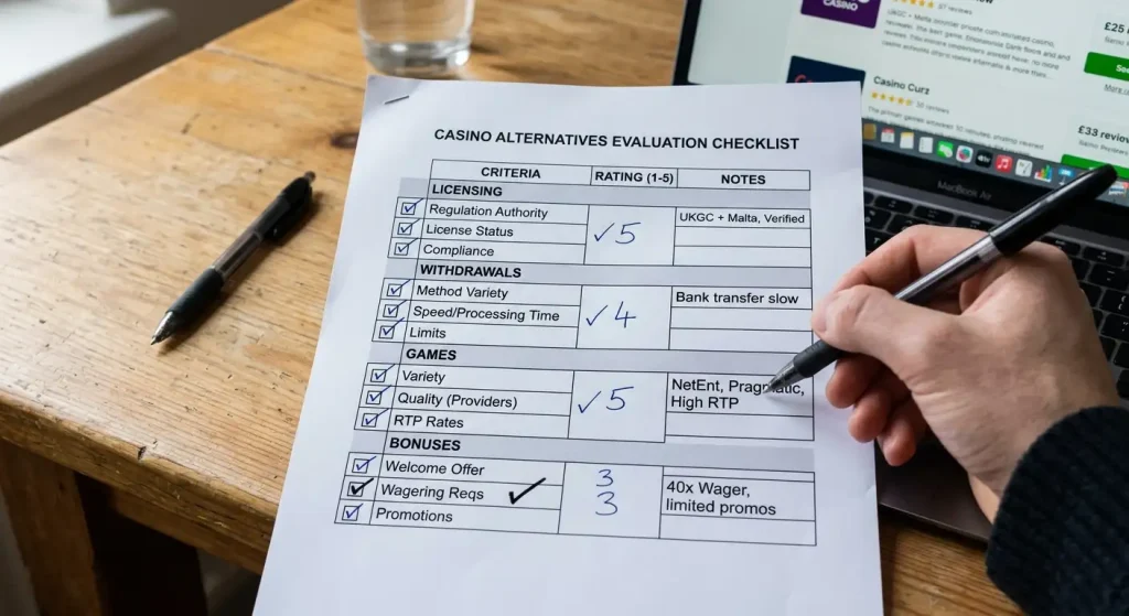 Printed checklist for evaluating casino alternatives across licensing, withdrawals, games and bonuses