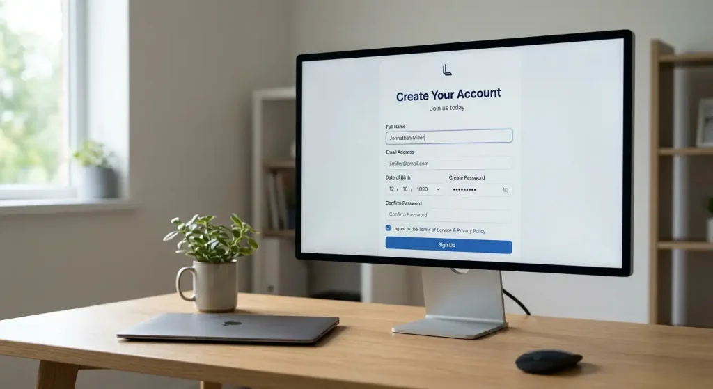 Desktop registration form with name, email, date of birth and password fields