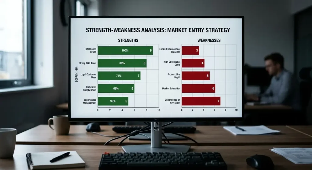 Chart with green bars for casino strengths and red for weaknesses