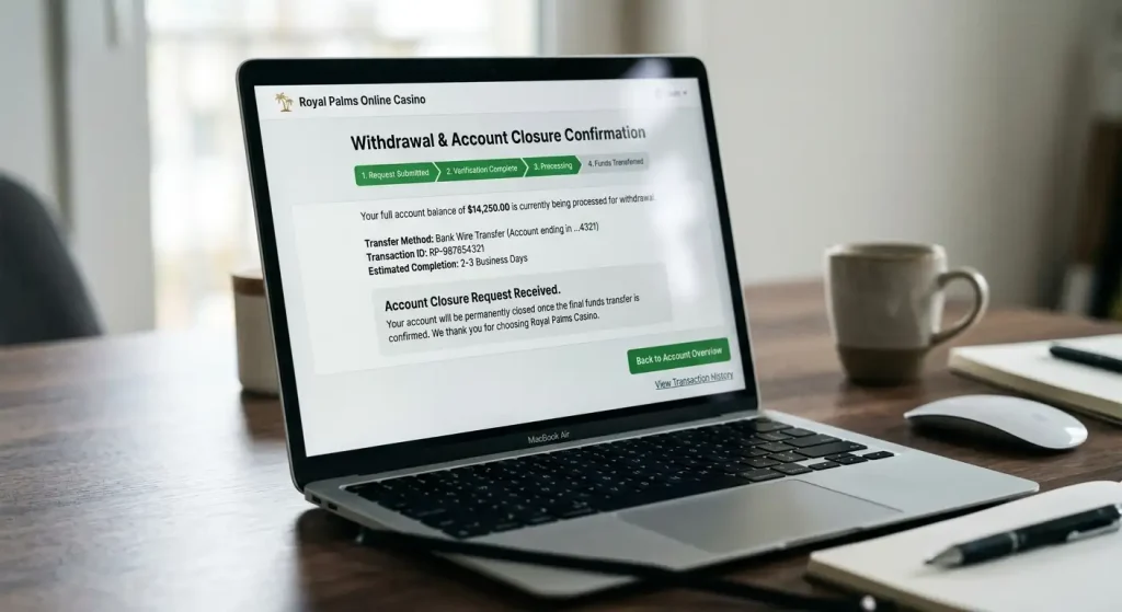 Casino account processing a full withdrawal during account closure and balance transfer