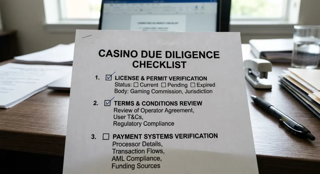 Checklist for verifying casino terms including licence bonus and payment details independently