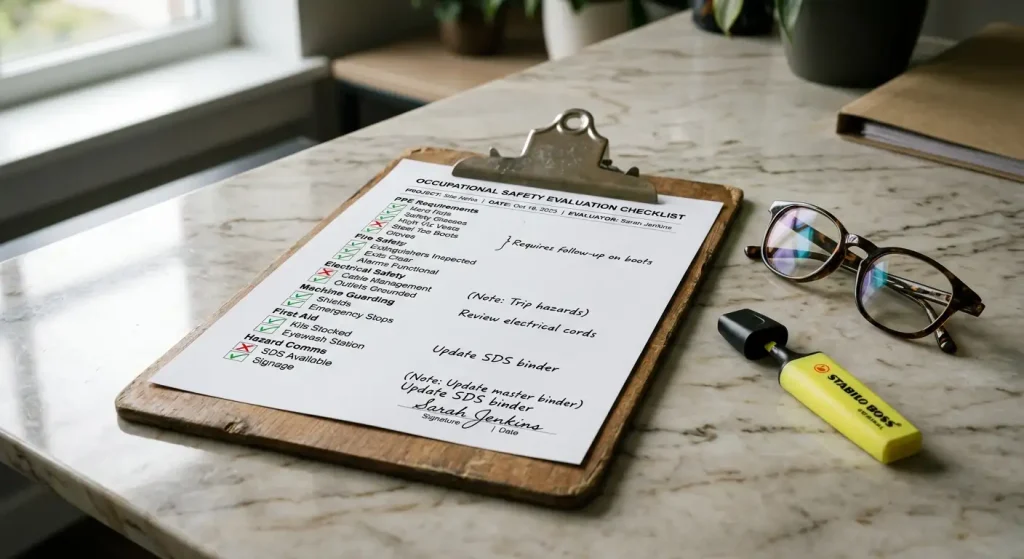 Printed safety evaluation checklist with green ticks and red crosses beside reading glasses