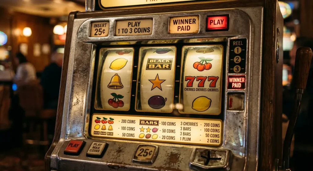 Classic three-reel retro fruit machine slot with traditional cherry and bar symbols