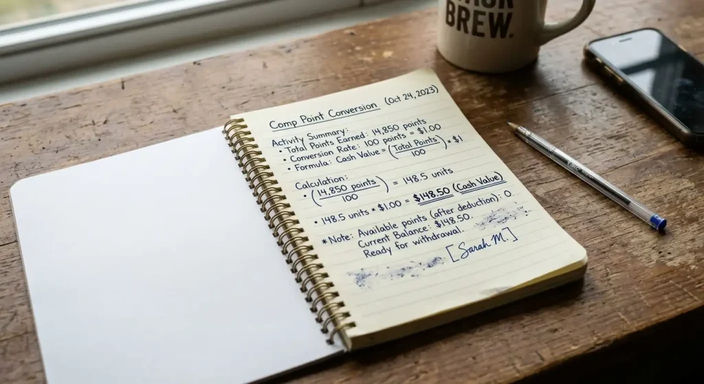 Notepad showing comp point conversion calculation from points to cash value