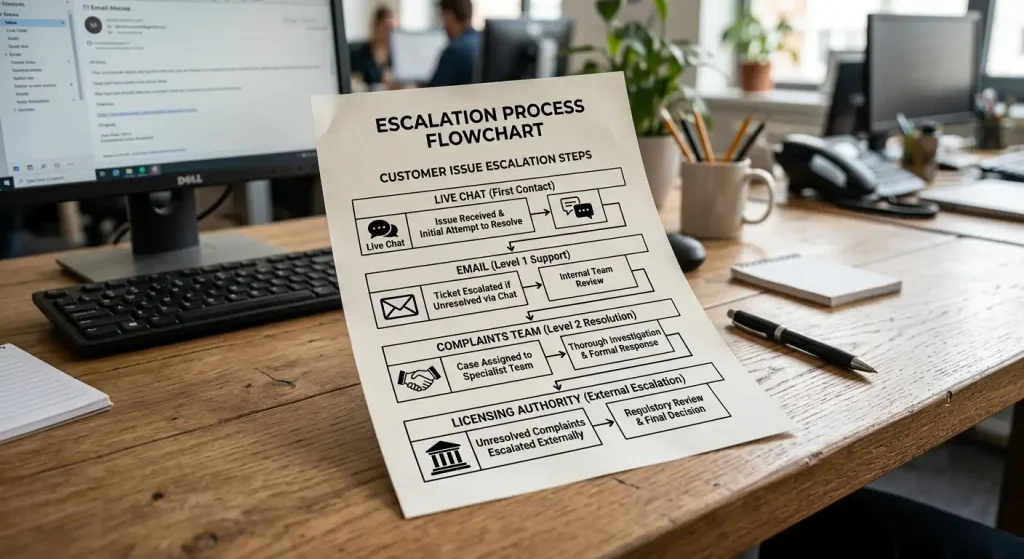 Flowchart showing casino complaint escalation path from support to regulator