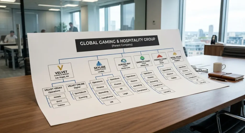 Organisational chart showing casino operator corporate structure and brand portfolio