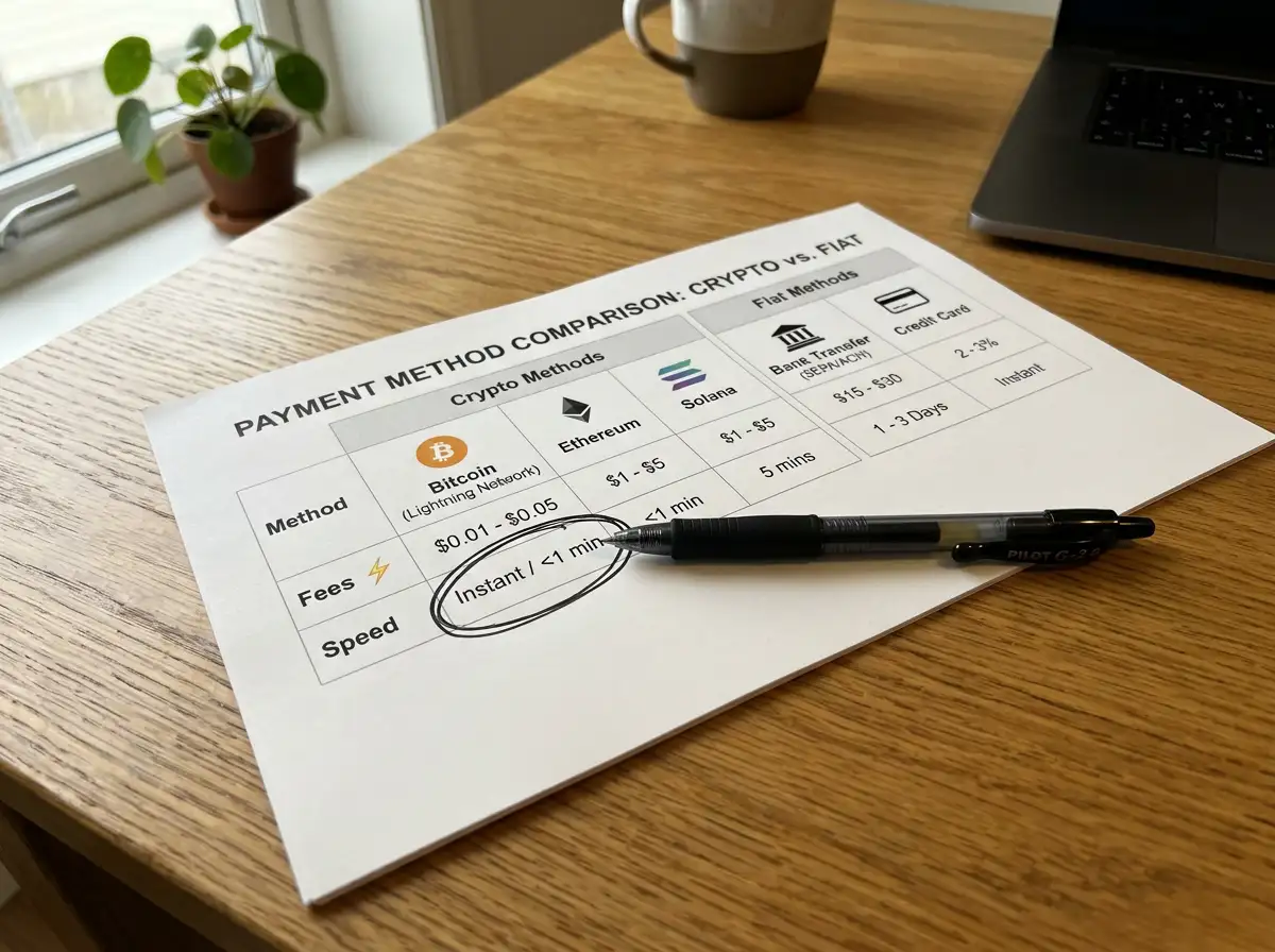 Transaction fees and speed comparison between crypto and fiat methods