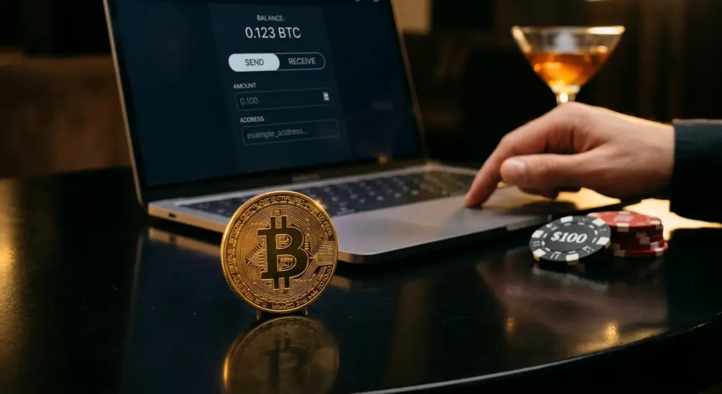 Gold Bitcoin token beside a laptop showing a crypto wallet send and receive interface