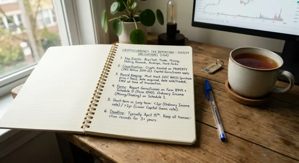 Notebook with tax reporting notes alongside cryptocurrency transaction records