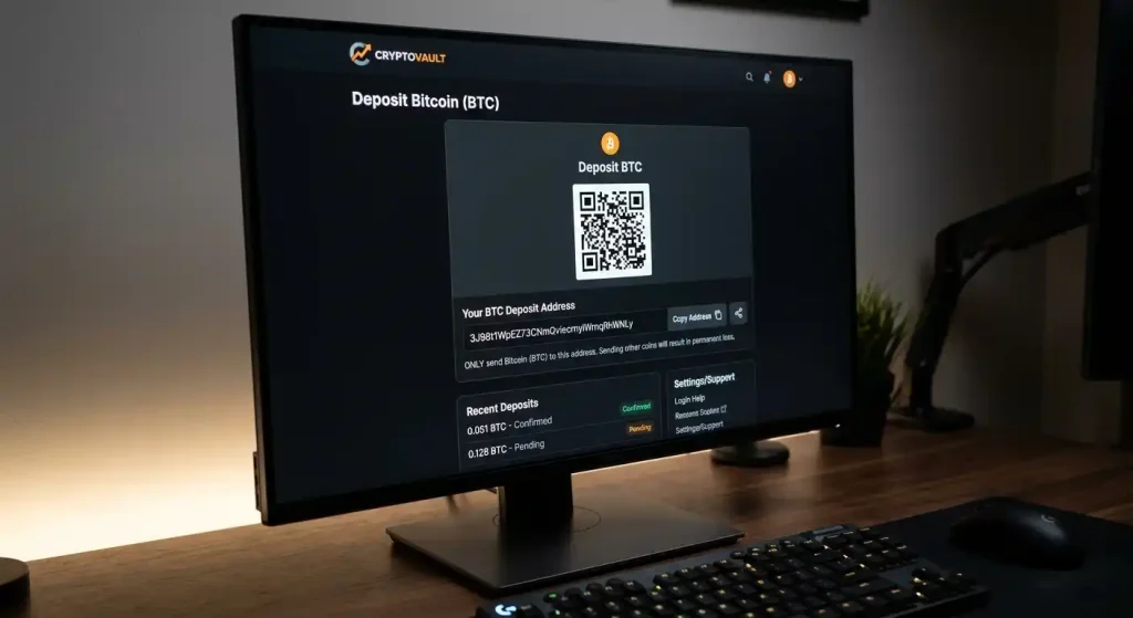 Cryptocurrency deposit screen showing unique wallet address for casino transfer
