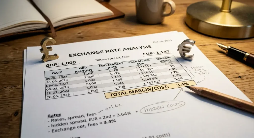 Pound and euro markers on an exchange rate table with a pencil marking the margin