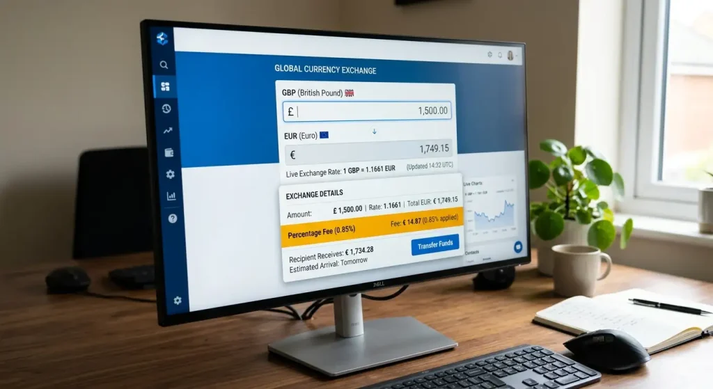 Currency screen showing GBP to EUR exchange rate with a highlighted conversion fee percentage