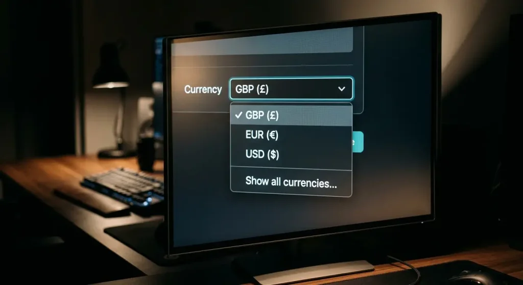 Currency selection dropdown offering GBP, EUR and USD options on casino screen