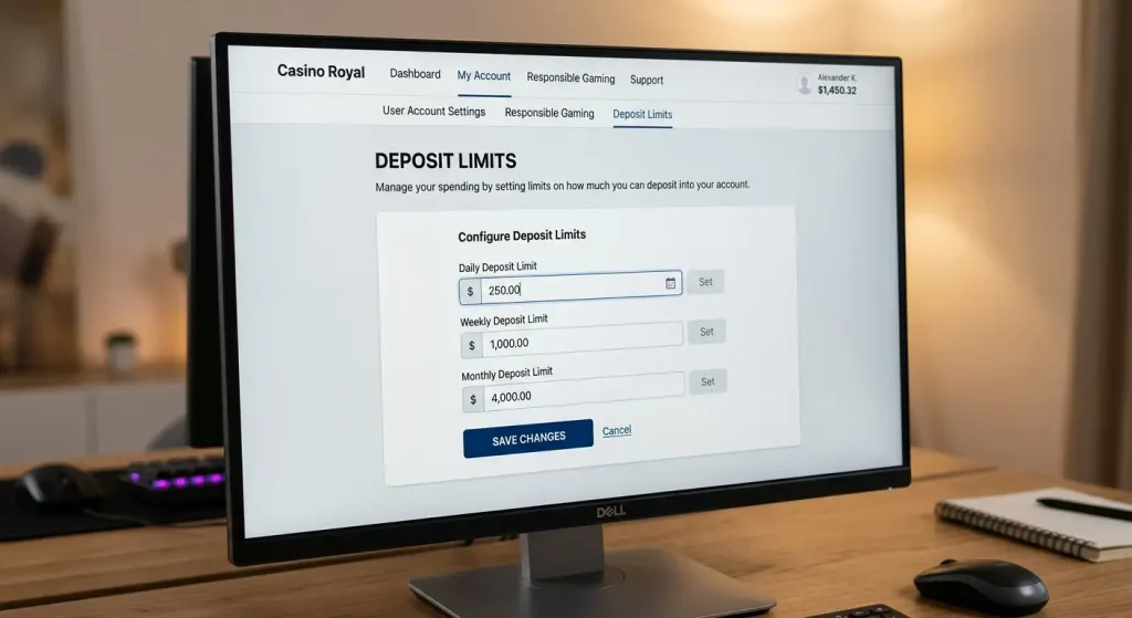 Casino account settings showing deposit limit configuration with daily weekly monthly options