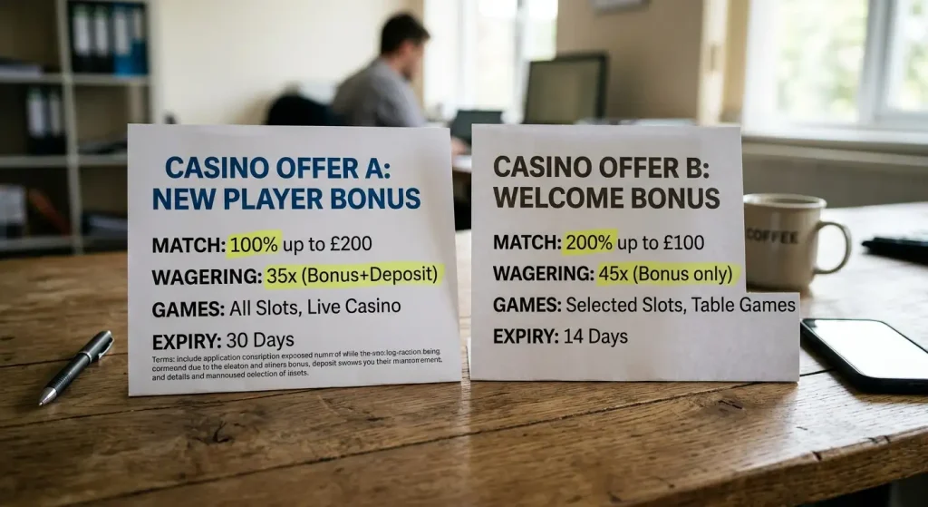 Two bonus offer documents compared side by side with highlighted wagering terms