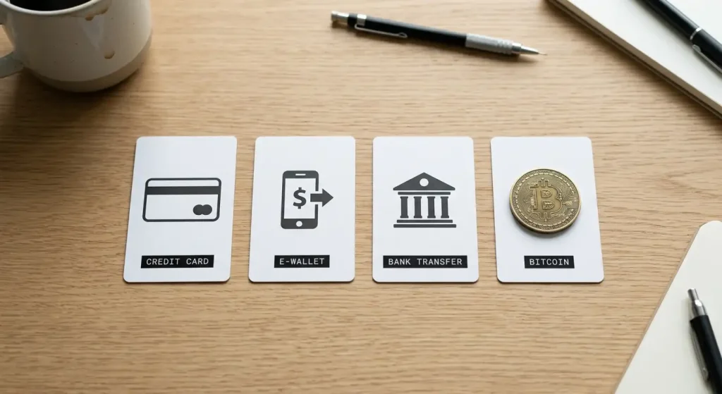 Row of printed cards showing card, e-wallet, bank and Bitcoin payment method icons