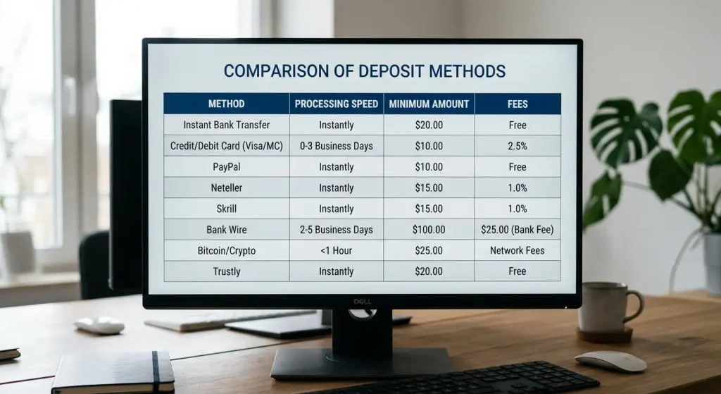 Comparison chart ranking deposit methods by processing speed, minimum amount and fees