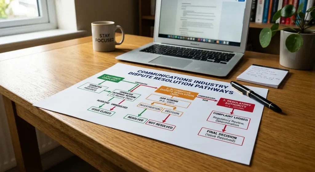 Chart mapping dispute pathways from operator complaint through ADR to regulator