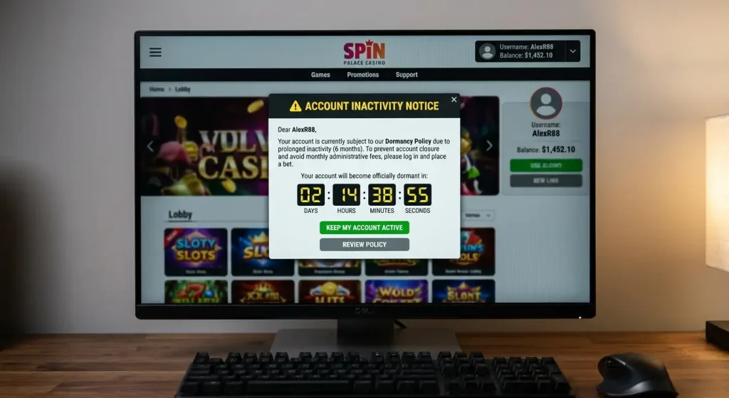 Casino account warning notification about dormancy policy and balance implications