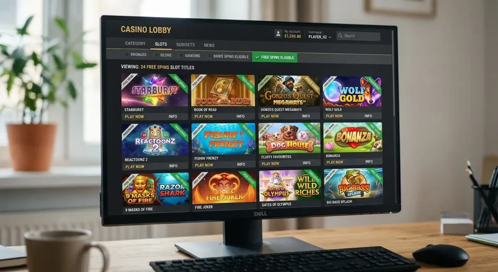 Casino lobby filtered to show only free-spins-eligible slot titles