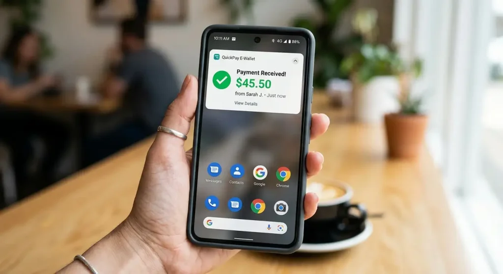 Smartphone e-wallet notification confirming a received casino payout with green tick