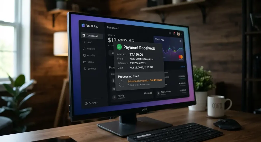 E-wallet withdrawal processing timer showing 24 to 48 hour completion estimate