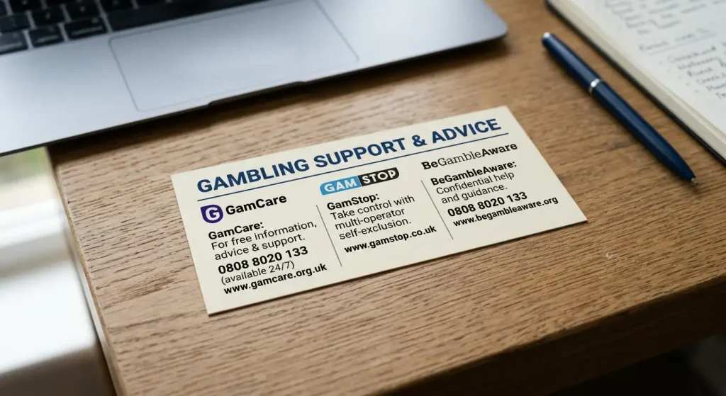 Contact information display for UK gambling support helplines and counselling services